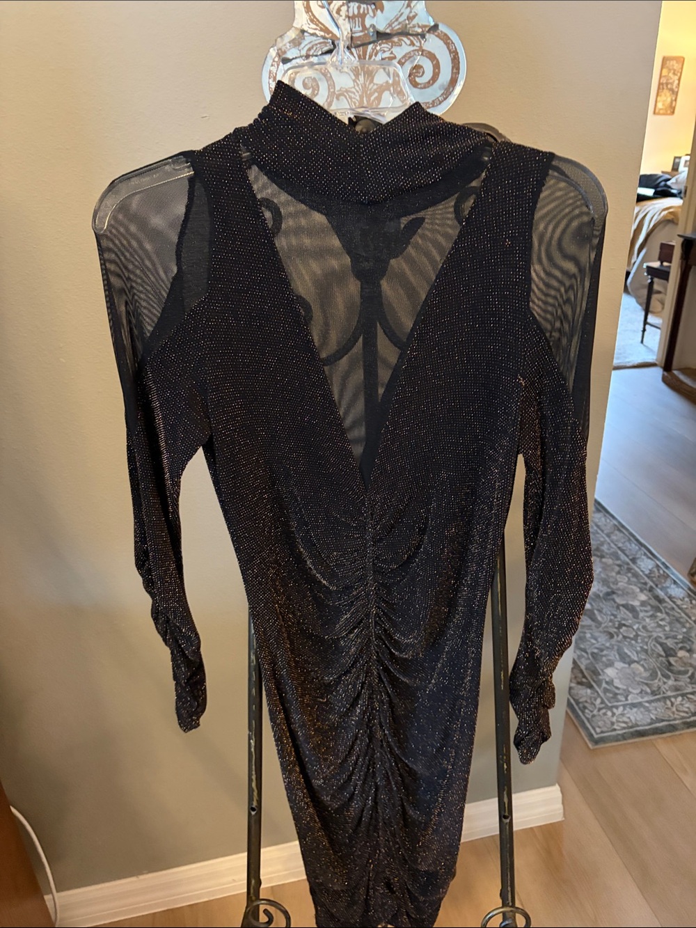 VENUS Black Sparkle Ruched Sheer-Panel Dress